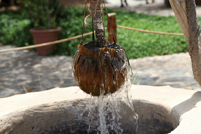 a bucket of water from a water well
